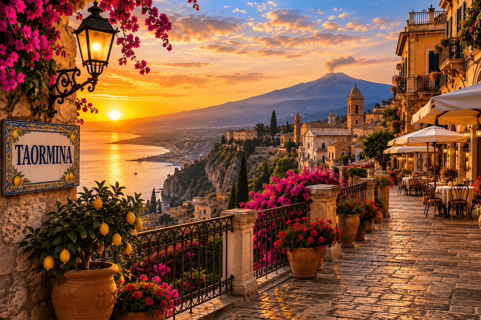 Taormina overlooking the Mediterranean at sunset