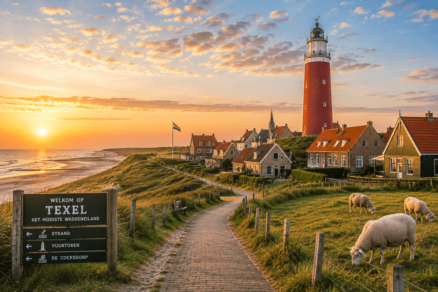 Texel Netherlands red lighthouse, dunes and North Sea coast at sunset