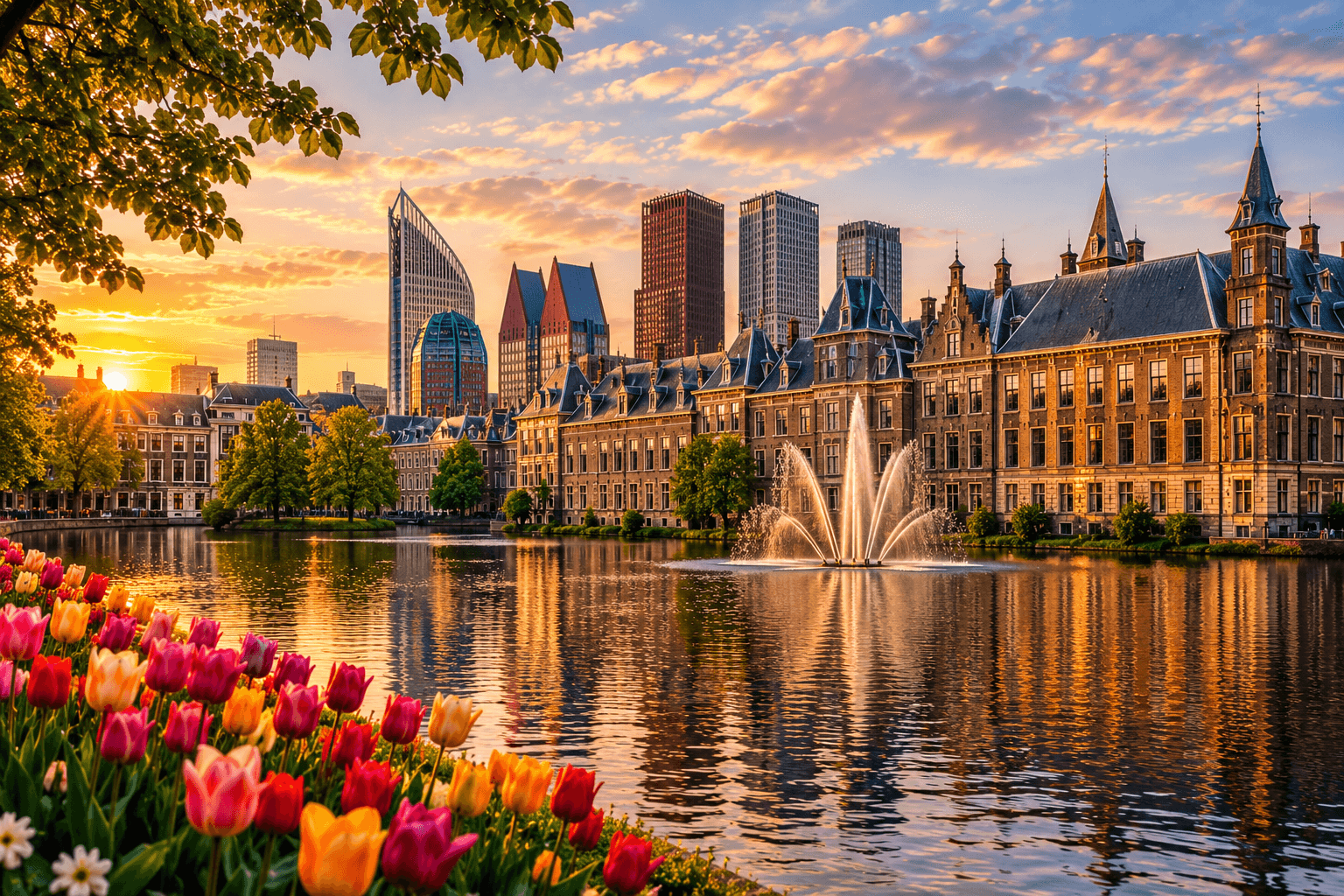 The Hague Netherlands Binnenhof skyline and city center at sunset