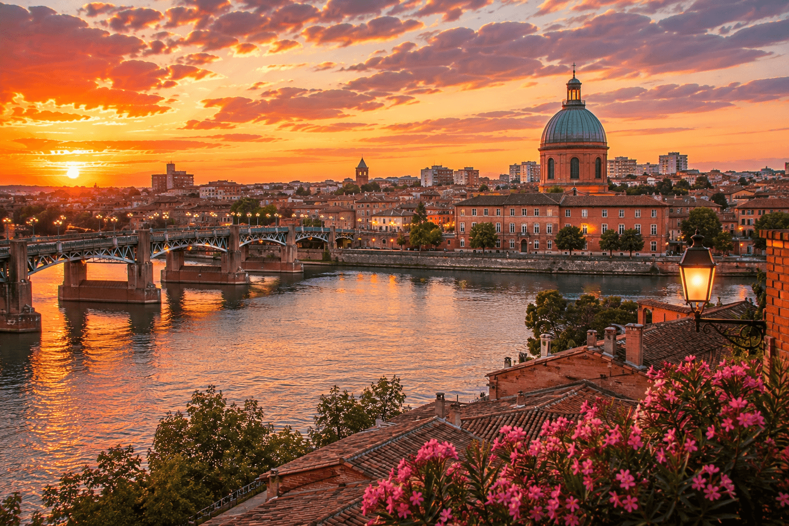 Historic Toulouse skyline along the Garonne River during sunset.