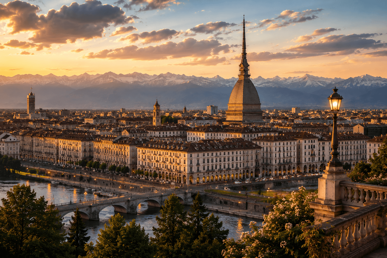 Turin skyline and historic buildings at sunset