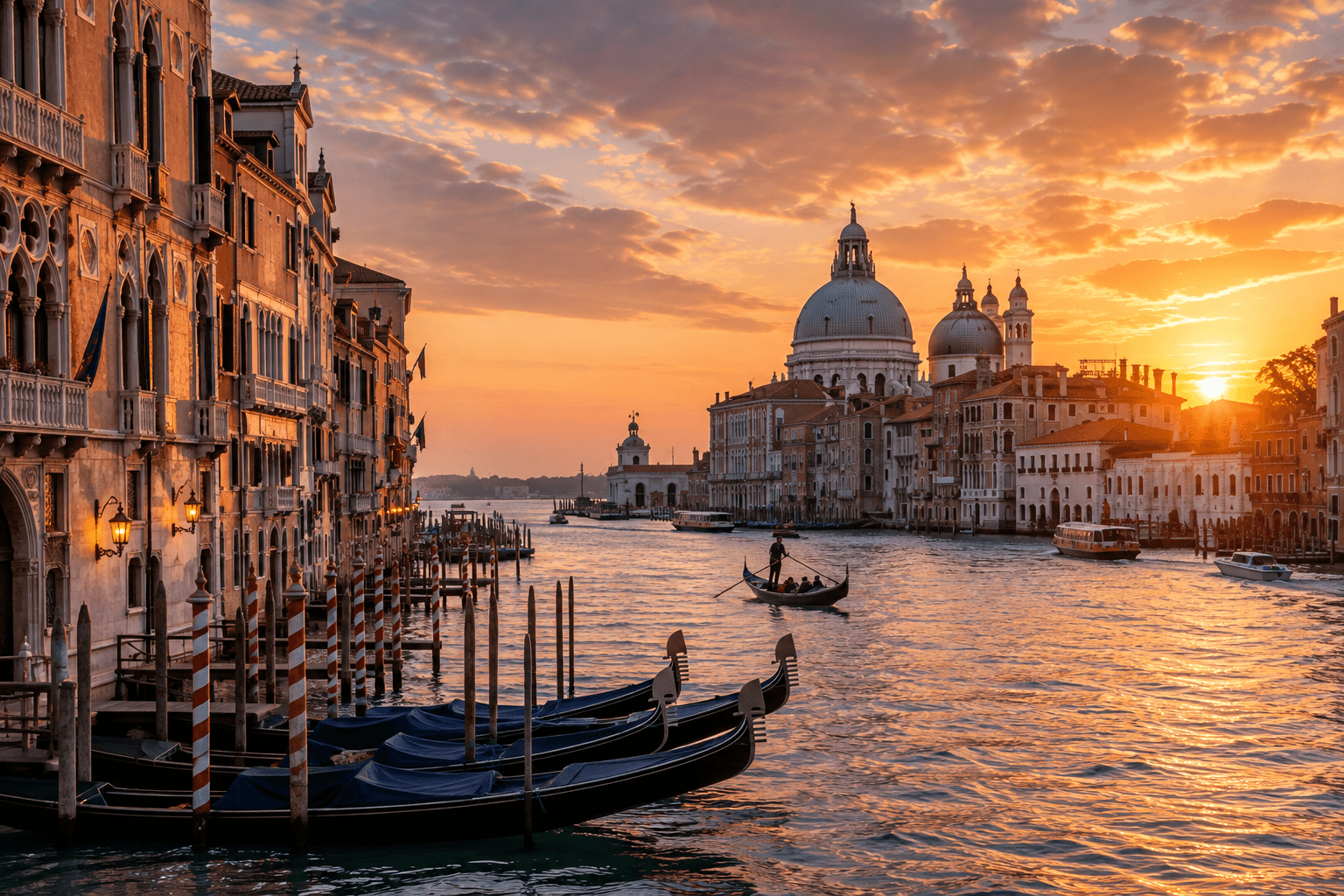 Venice canals and historic architecture at sunset