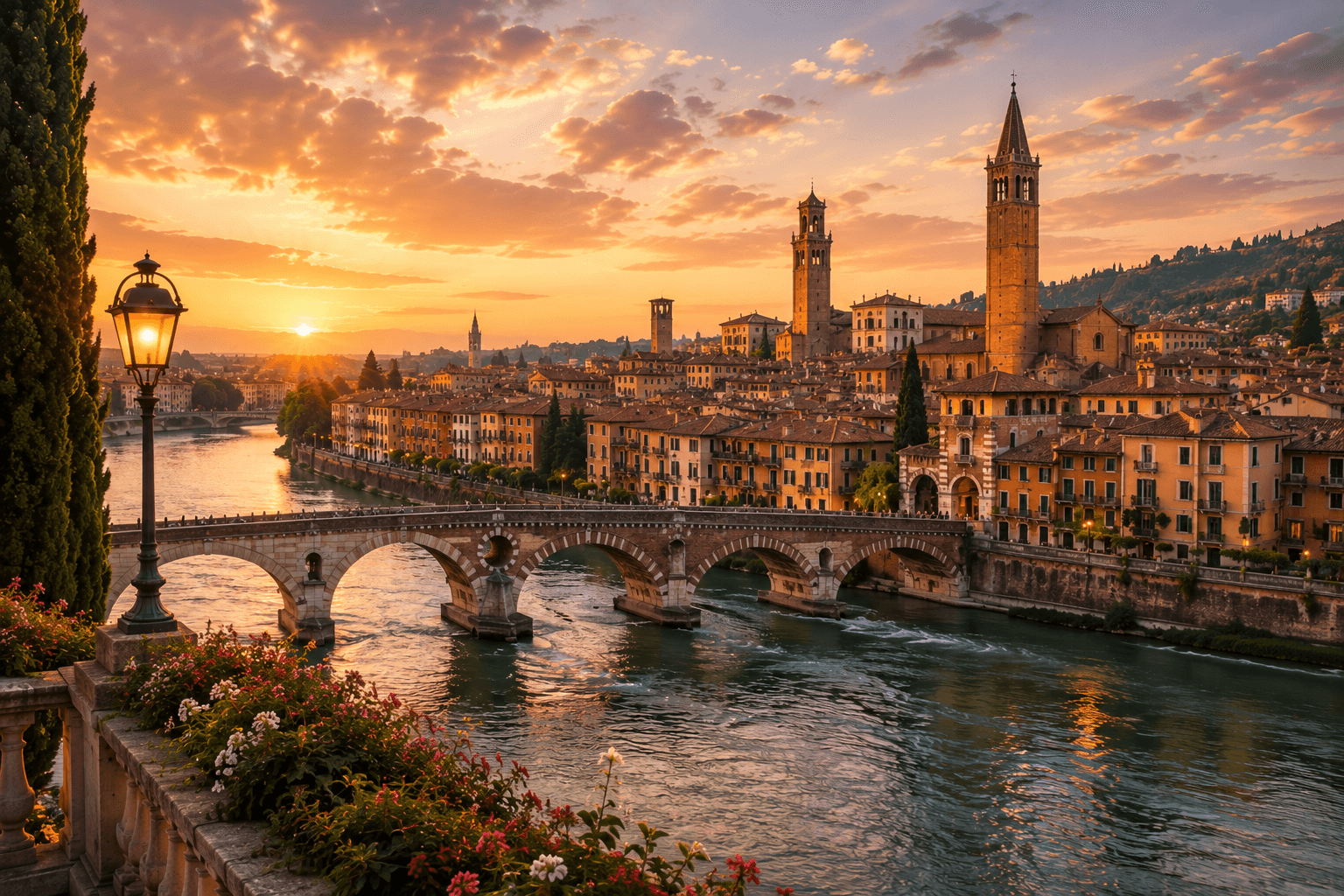 Historic Verona city center at sunset