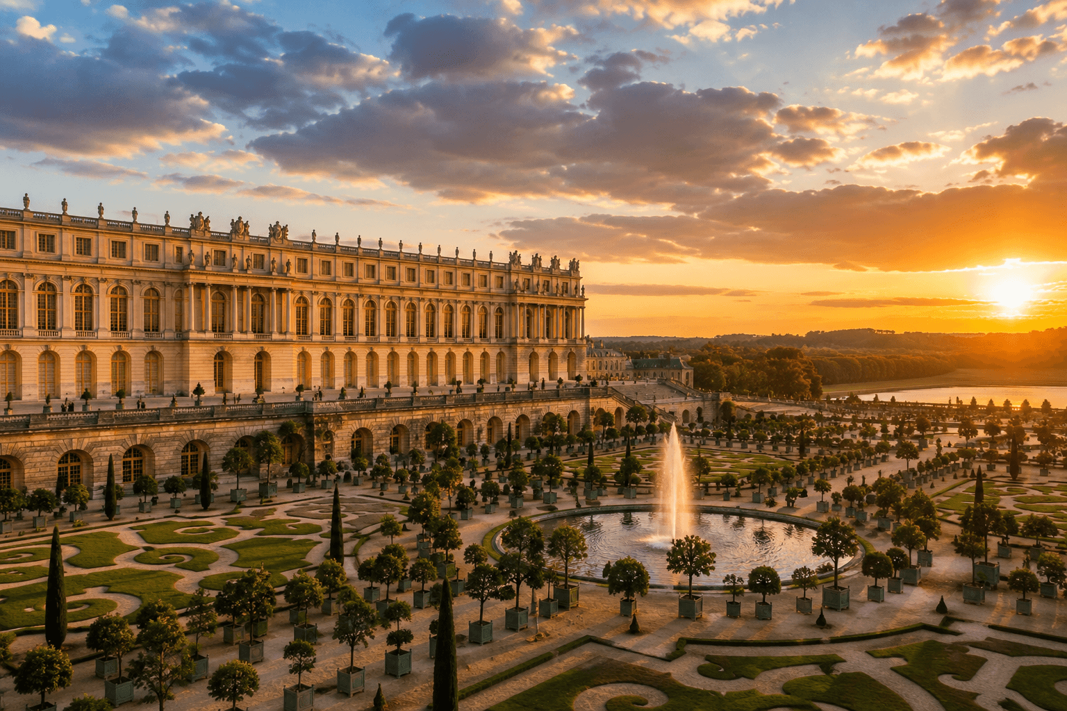 Palace of Versailles in France during golden hour with elegant gardens and royal architecture.