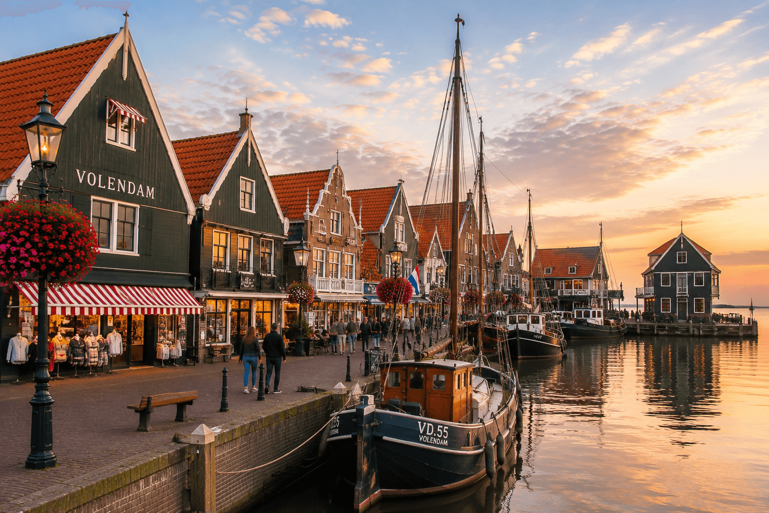 Volendam Netherlands traditional harbor, Dutch houses and fishing boats