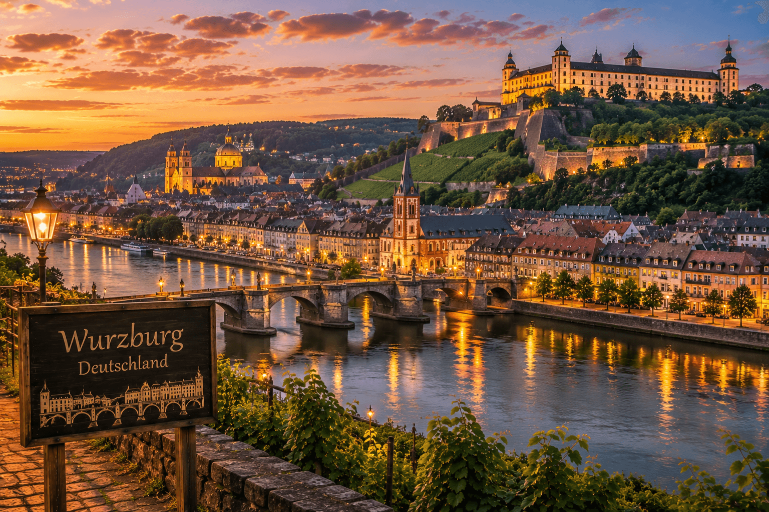 Würzburg Germany old town and Marienberg Fortress at sunset