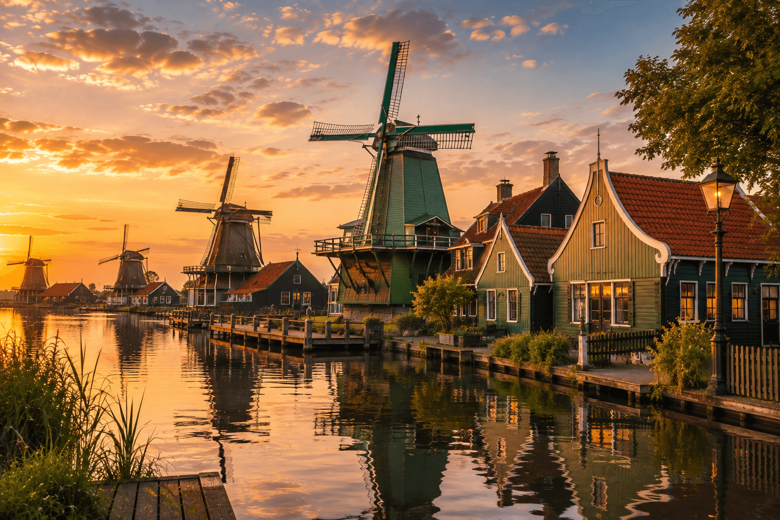 Zaanse Schans Netherlands traditional windmills and green wooden houses at sunset
