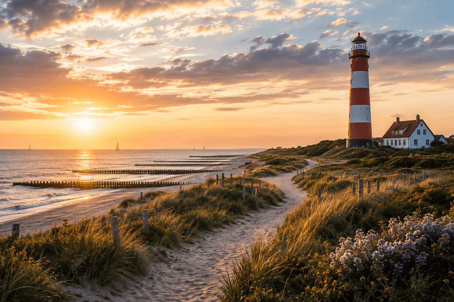 Zeeland Netherlands coastal dunes, lighthouse and North Sea beach at sunset