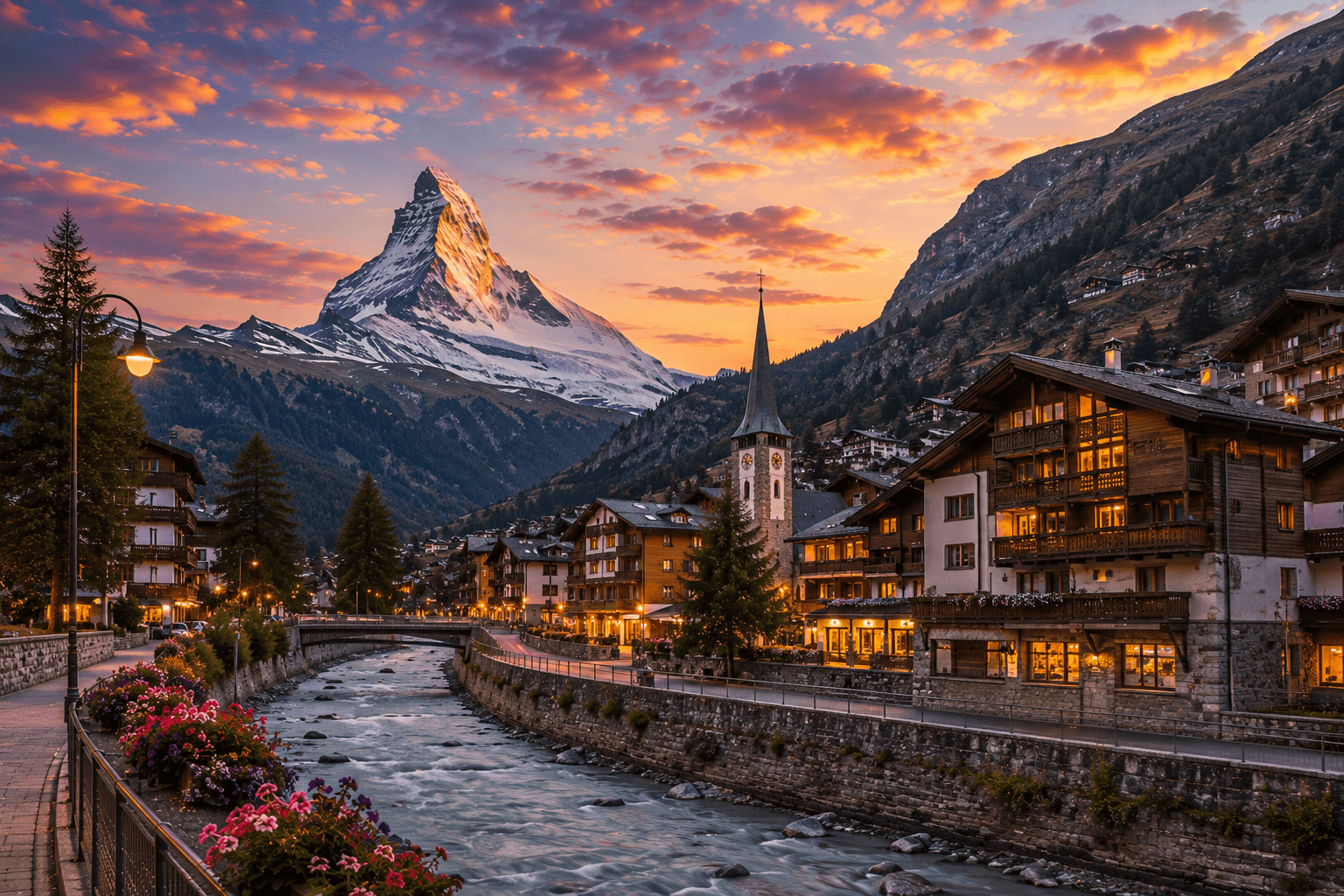 Zermatt village with the iconic Matterhorn mountain in Switzerland