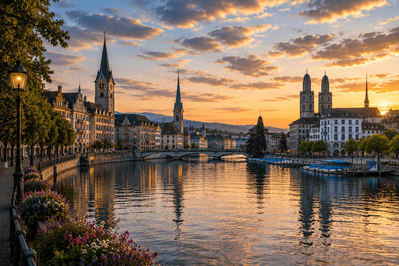 Zurich old town, Limmat River and modern Swiss city skyline