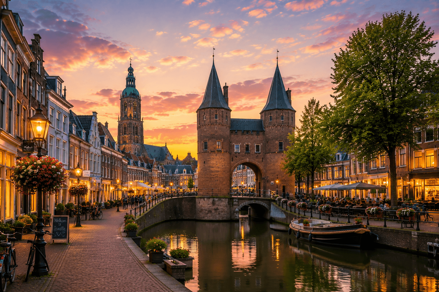 Zwolle Netherlands historic Sassenpoort gate and old town canal at sunset