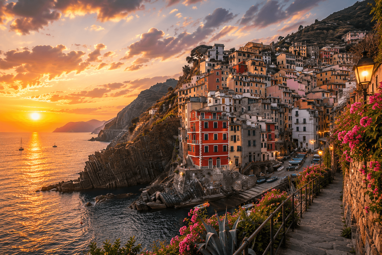 Cinque Terre colorful seaside village at sunset