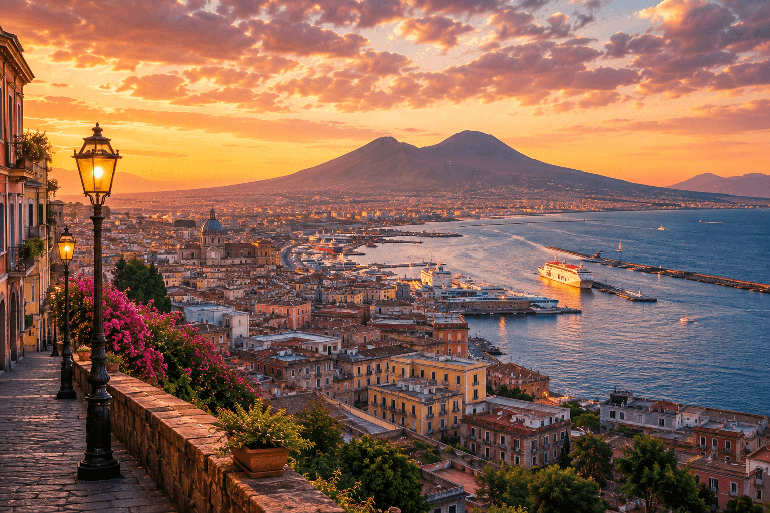 Naples bay and historic center at sunset