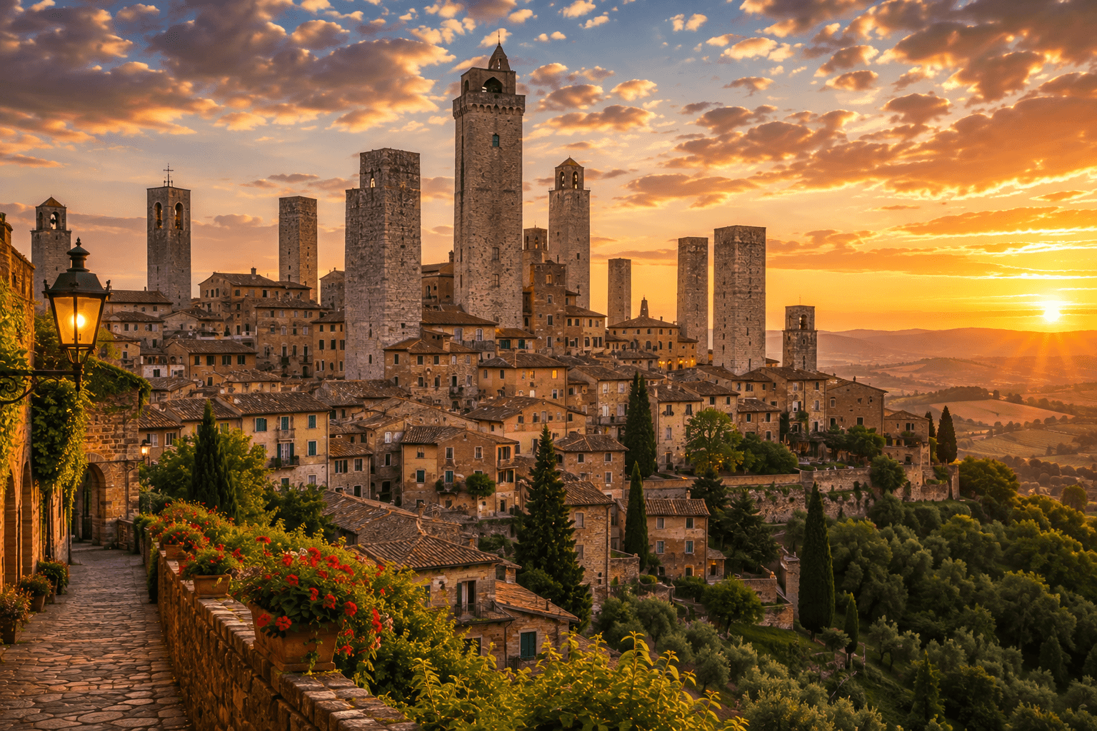 San Gimignano towers at sunset