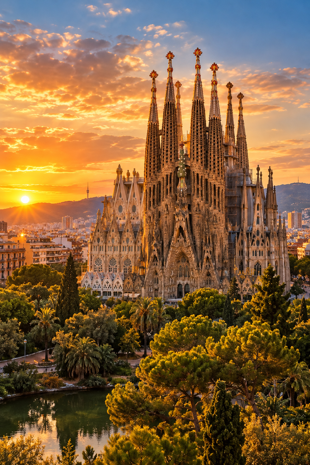 Sagrada Família in Barcelona illuminated by warm golden-hour light