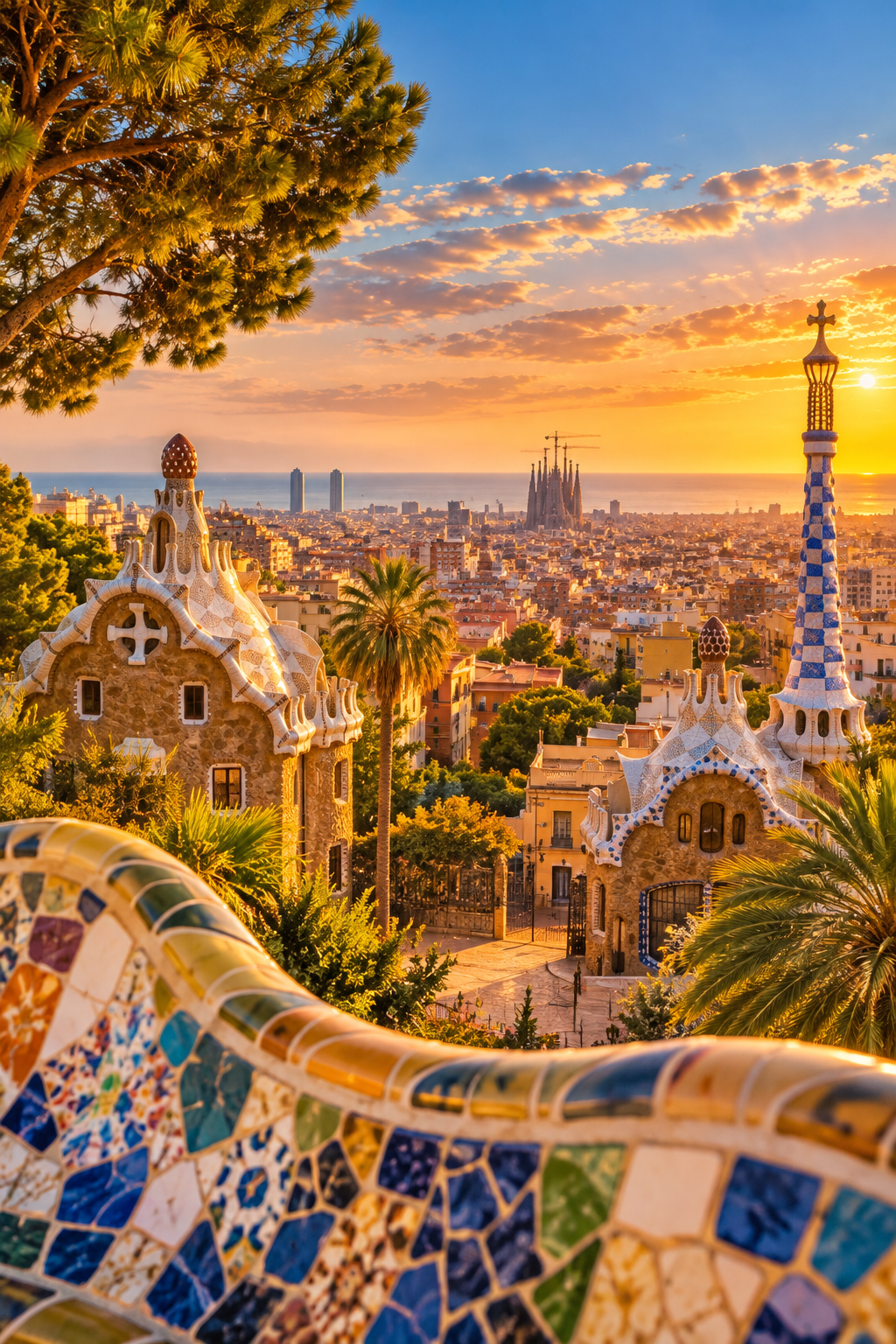 Park Güell in Barcelona with colourful Gaudí architecture and panoramic city views