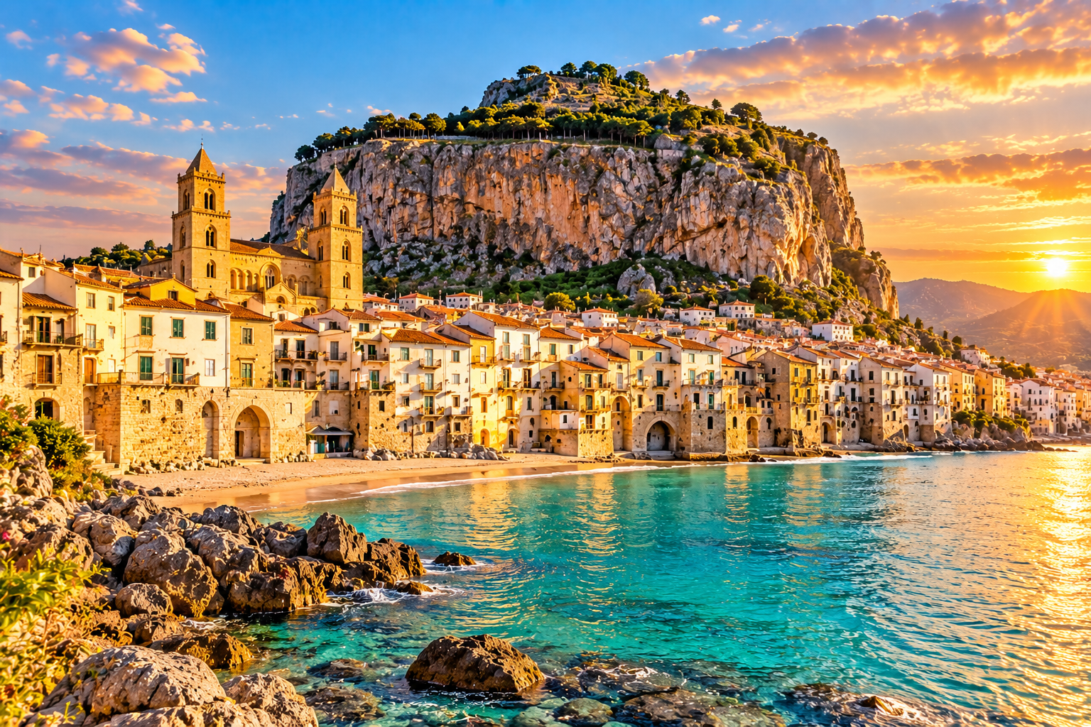 Cefalù in Sicily with its historic waterfront, cathedral, La Rocca and Mediterranean Sea