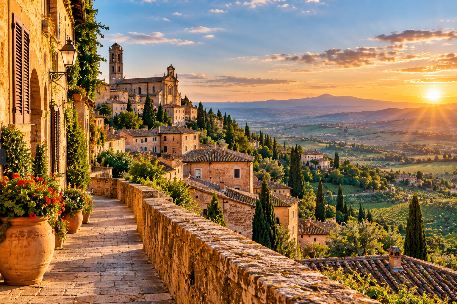 Montepulciano hill town in Tuscany surrounded by vineyards and rolling Italian countryside