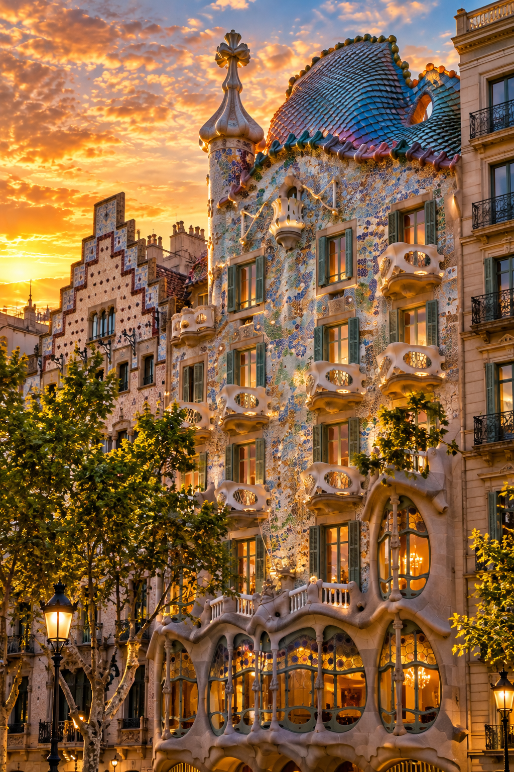 Casa Batlló in Barcelona with its colourful Gaudí façade at golden hour