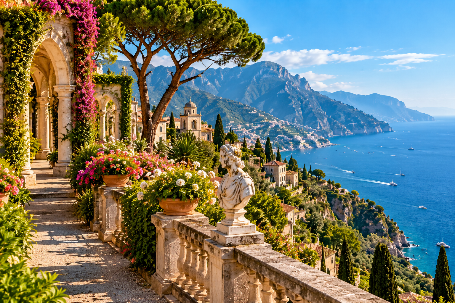 Ravello on the Amalfi Coast with Mediterranean Sea views, historic gardens and mountain scenery
