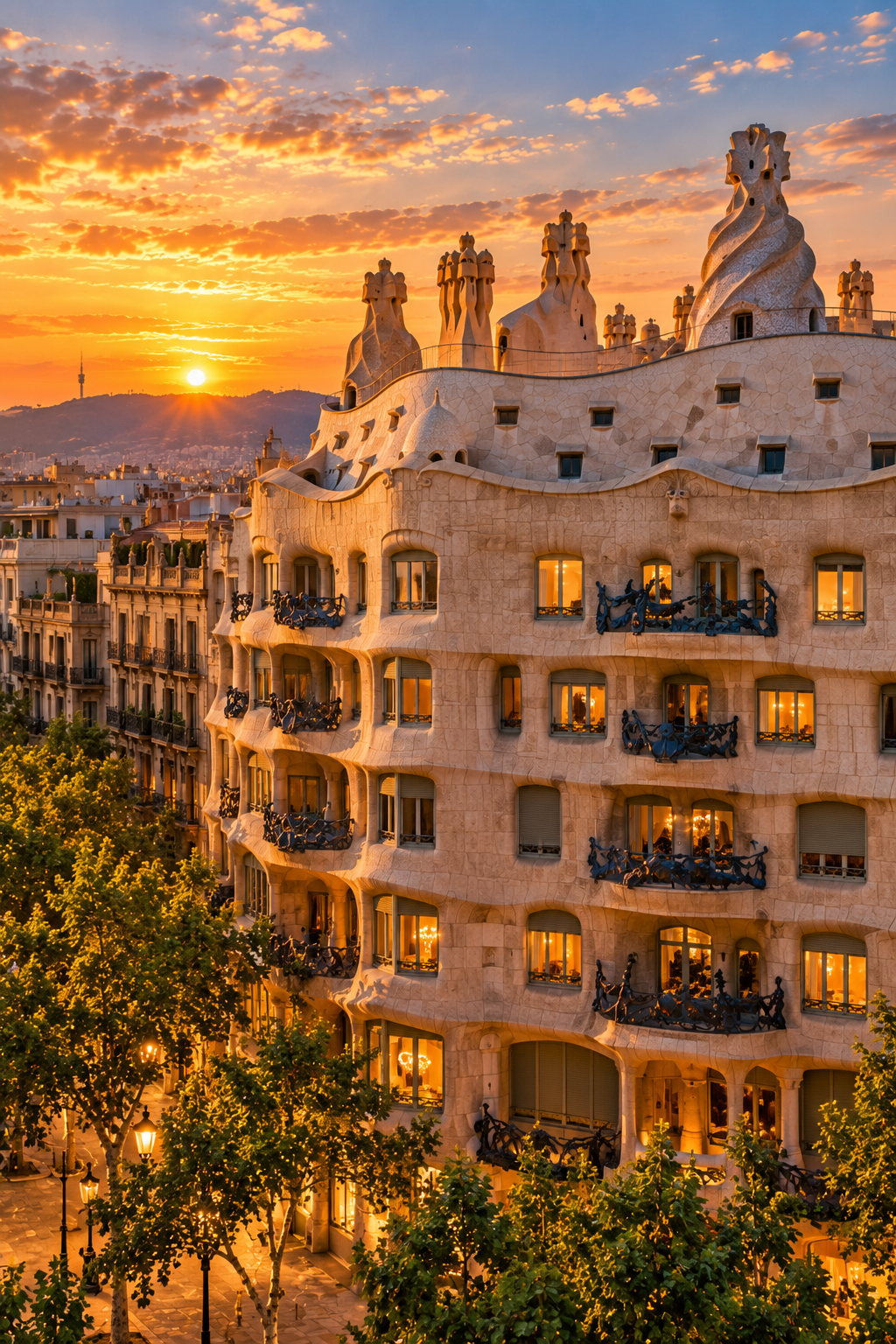 Casa Milà La Pedrera in Barcelona with its sculptural stone façade and rooftop chimneys