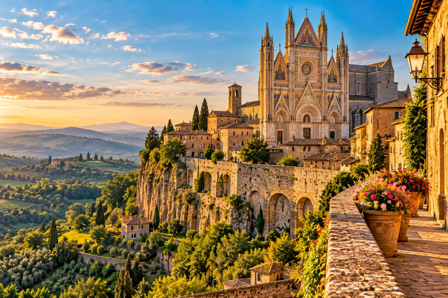 Orvieto hill town in Umbria with its historic cathedral and surrounding Italian countryside