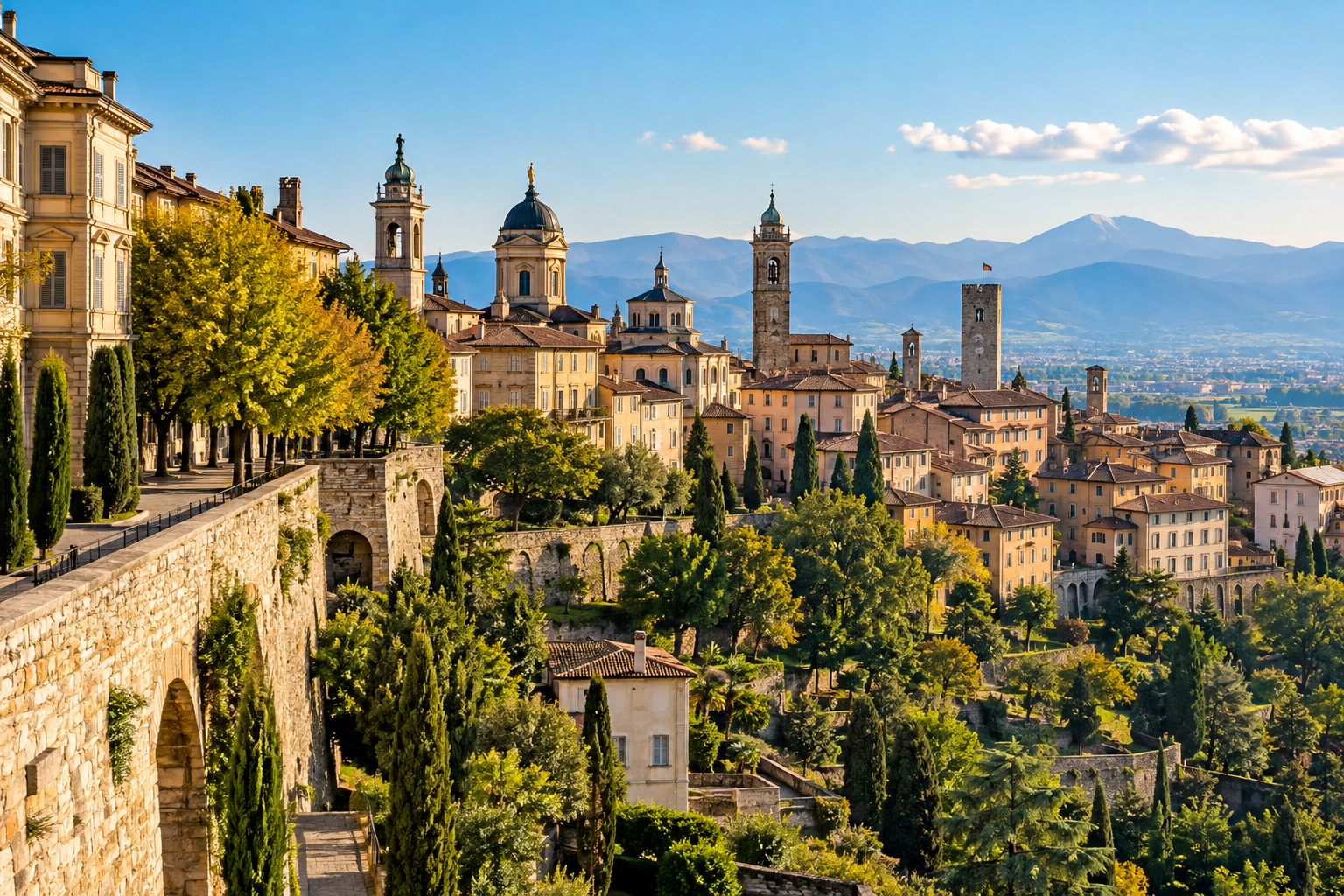 Historic Città Alta in Bergamo, Lombardy, with medieval architecture and mountain views