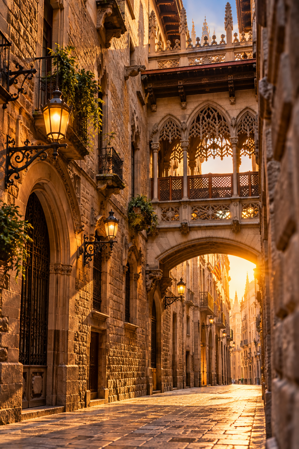 Historic street in Barcelona's Gothic Quarter with Gothic architecture and Pont del Bisbe