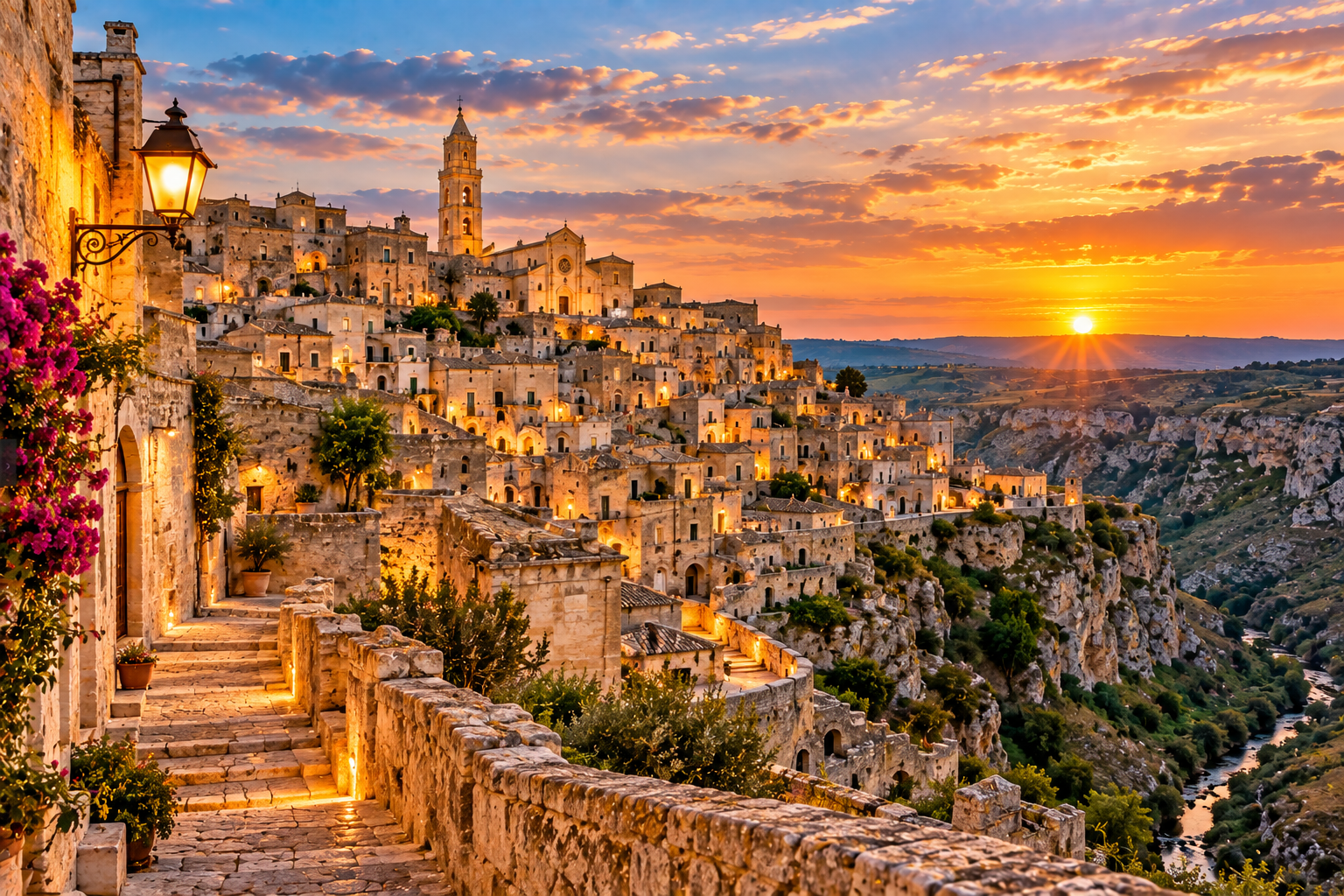 Ancient Sassi districts of Matera carved into the rock above the landscape of Basilicata, Italy