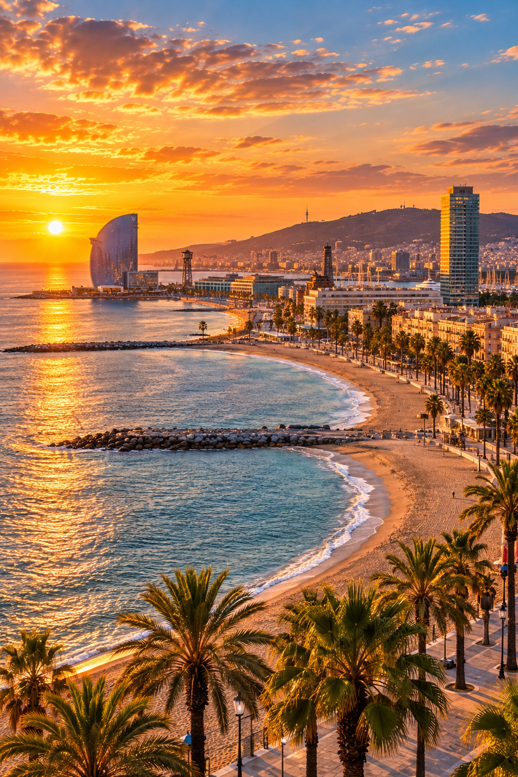 Barceloneta Beach and Barcelona waterfront overlooking the Mediterranean Sea at sunset