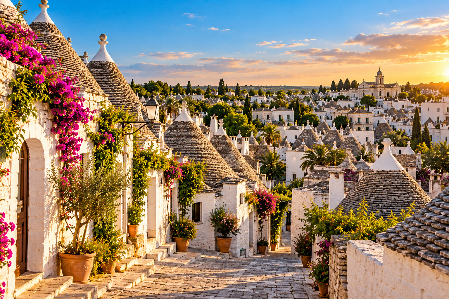Traditional white trulli houses in Alberobello, Puglia, one of the distinctive Italian towns to visit
