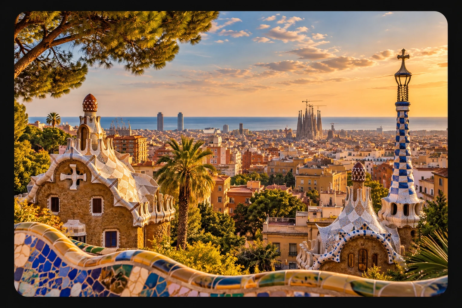 View of Barcelona from Park Güell with Gaudí architecture, Sagrada Família and the Mediterranean Sea