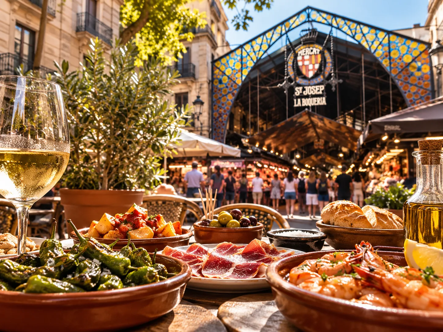 Tapas and Catalan food at La Boqueria Market in Barcelona, Spain
