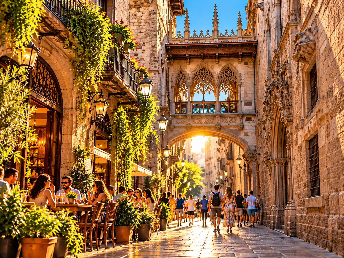 Historic Gothic Quarter street in Barcelona with medieval architecture, cafés and the iconic Bishop’s Bridge