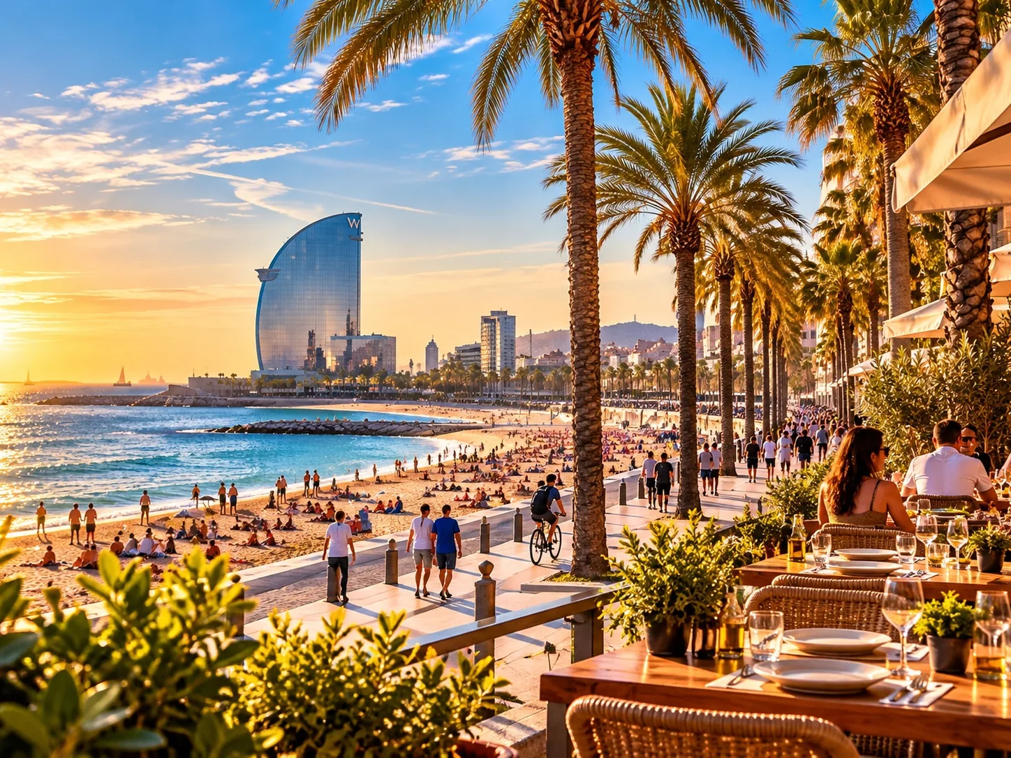 Barceloneta beach and waterfront promenade in Barcelona at golden hour