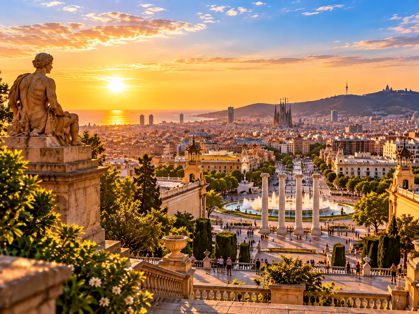 Panoramic sunset view over Barcelona from Montjuïc with city landmarks and the Mediterranean Sea