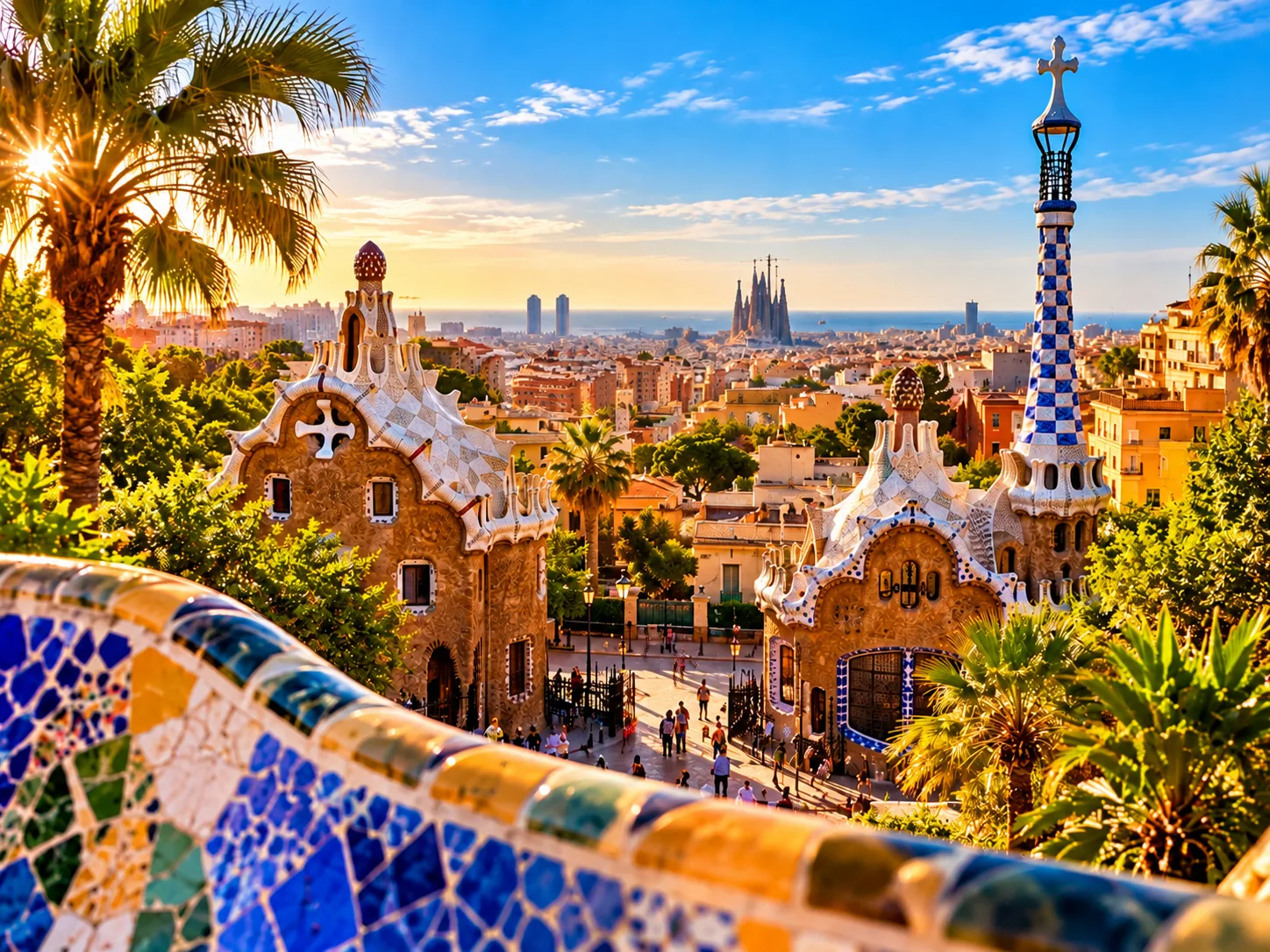 Park Güell in Barcelona with Gaudí architecture, colourful mosaic terraces and panoramic city views
